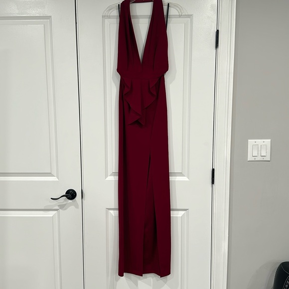Burgundy halter ruffle dress w/split - Picture 2 of 6